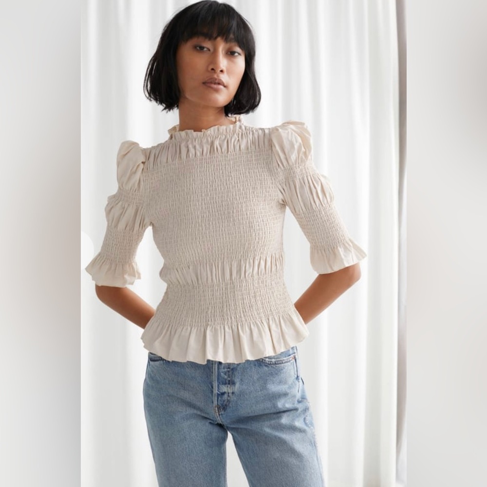 & Other Stories smocked 3/4 length sleeve cream blouse Size S Perfect Condition